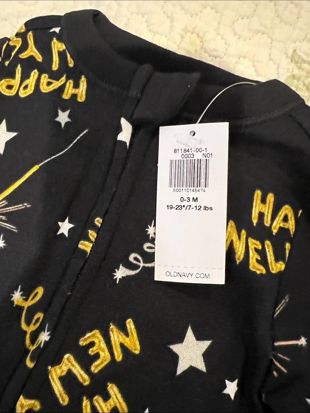 Old Navy Black Footed One-Piece with Gold and White New Year Print size 0-3